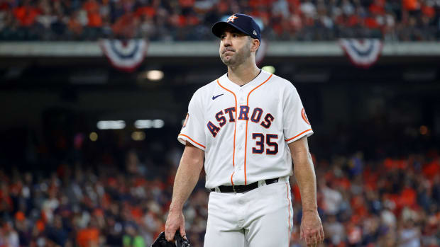 Oct 11, 2022; Houston, Texas, USA; Houston Astros starting pitcher Justin Verlander (35) reacts after pitching against the Seattle Mariners during the first inning in game one of the ALDS for the 2022 MLB Playoffs at Minute Maid Park.